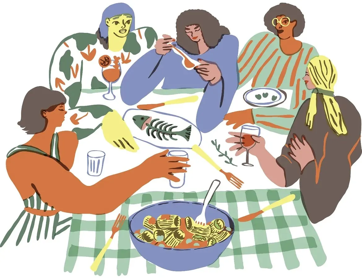 L’illustration de Mammouth : cinq convives réunis autour de plats à partager